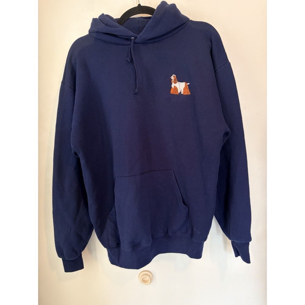 Vintage Jerzees Russell Hoodie USA Cocker Spaniel Embroidered Navy Sweatshirt‎ L
